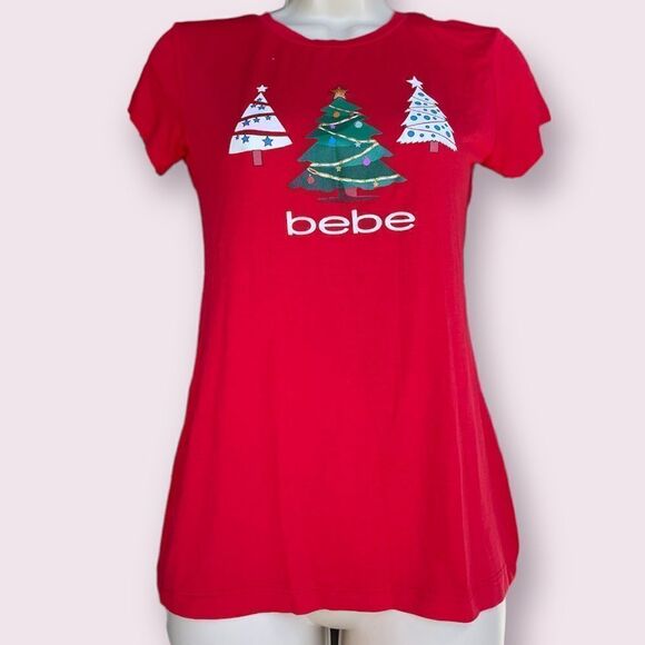 Women’s Red Christmas Tree Bebe T-shirt Size Small - Picture 1 of 4